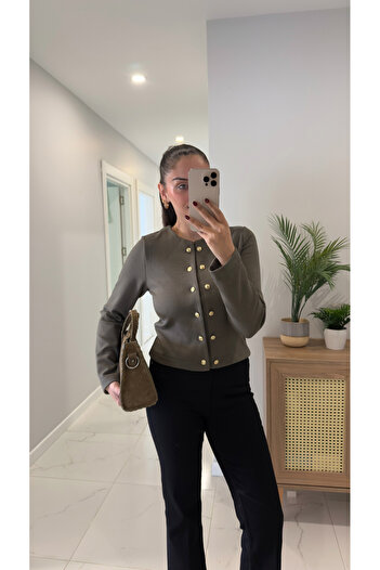 BİRCANÇİL Coni Khaki Gold Button Detailed Cardigan