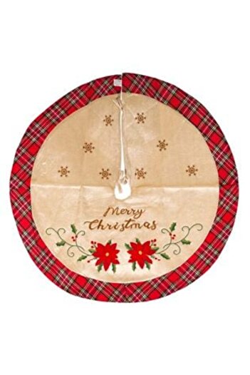 OEMN Christmas Tree Skirt Beige Velvet with Red Plaid 'Merry Christmas' 90 cm