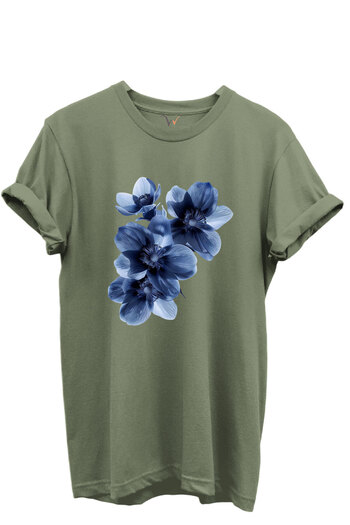 WİDİ Blue Floral Patterned Women's 100% Cotton Regular Fit Crew Neck T-Shirt