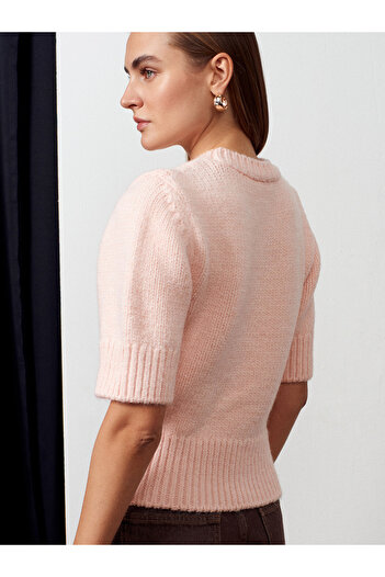 Dilvin 10821 Crew Neck Short Sleeve Knitwear Sweater-Powder