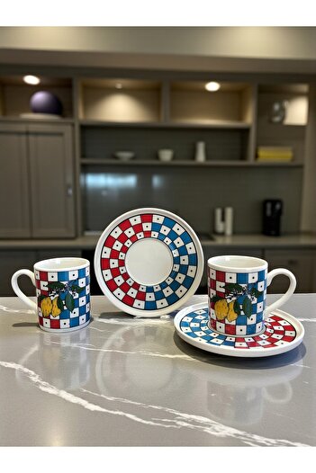 ferayhome Porcelain Coffee Cup Set for 6 People Checkered Lemon Pattern - Feray Home