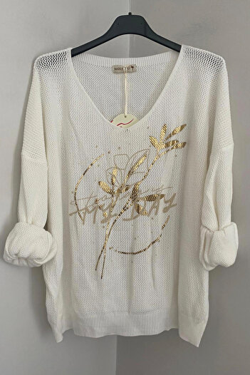 AYASOFYA OTANTIK Women's Italian White V-Neck Leaf Detail Sprout Pattern Oversized Loose Knit Blouse Sweater
