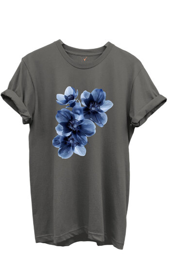 WİDİ Blue Floral Patterned Women's 100% Cotton Regular Fit Crew Neck T-Shirt