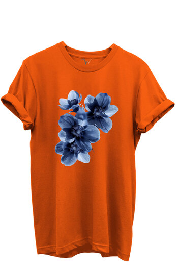 WİDİ Blue Floral Patterned Women's 100% Cotton Regular Fit Crew Neck T-Shirt