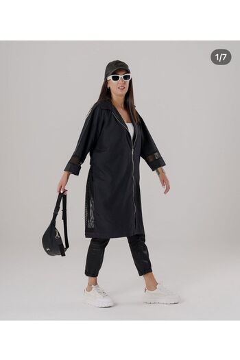 AGORATEKSTİL Women's Hooded Trench Oversize Jacket with Mesh Detail on the Back and Sleeves