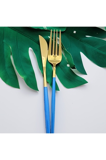 Lotus rose 24-Piece Luxury Gold Cutlery Set with Blue Handles