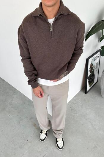 HAFKAGİYİM Brown Half-Zip High Neck Knit Sweater