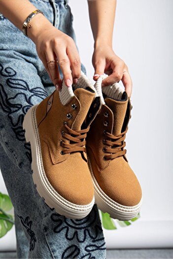 pabucmarketi Lace-Up High Sole Women's Worker Boots Camel Suede