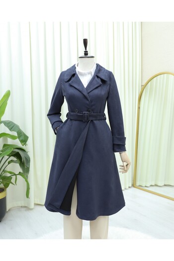 Modamorfo Beli Belted Pocketed Suede Cap - Navy