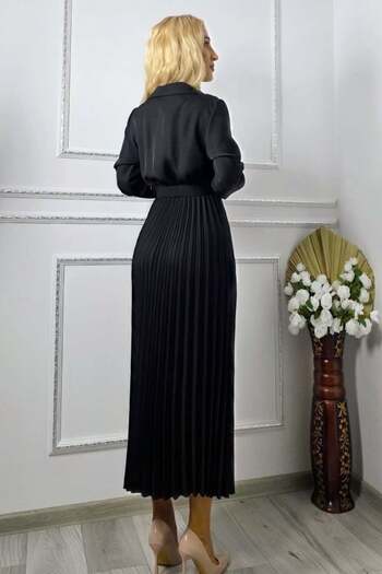 FashionForYou NOVARA long office dress, matching belt and lapels, Black, Size S/M