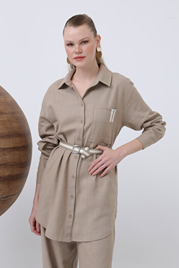 Modamorfo Women's Linen Suit with Belt Detail and Trousers - 14313Tks
