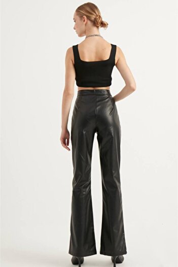 JESSE STORY Women's Wide Leg Ribbed Leather Pants (Faux Leather)