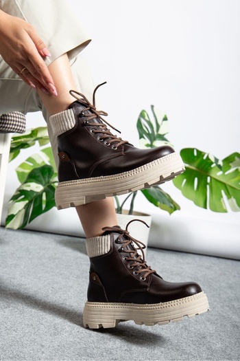 pabucmarketi Lace-Up High Sole Women's Worker Boots Brown Skin
