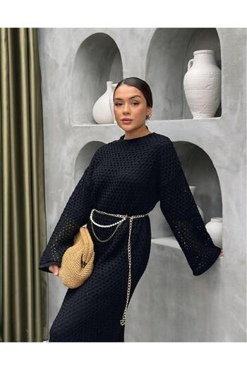 Cardella Belt Detail Mesh Dress Full Lined Openwork Dress