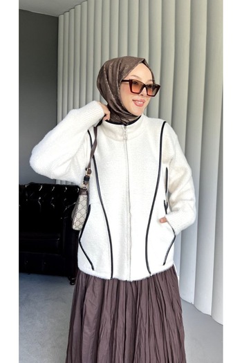 BZ BUTİK Angora Cardigan with Leather Piping Detail and Pocket Design