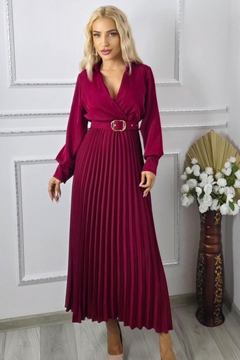 FashionForYou NOVARA long pleated dress, matching belt and lapels, Dark Red, Size S/M