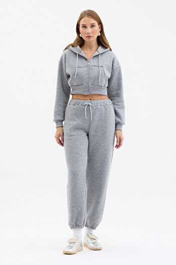 MODA FARİZE Three Thread Cotton Crop Cardigan Sweatpants Top and Bottom Set