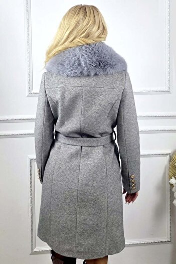 FashionForYou Women's wool coat, Tamira, fur trim and rounded corners, Grey, 50