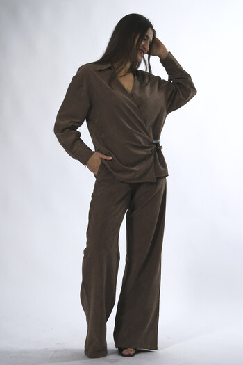 ABBRA Women's Double-Breasted Collar Side Double Belt Shirt Pants Set
