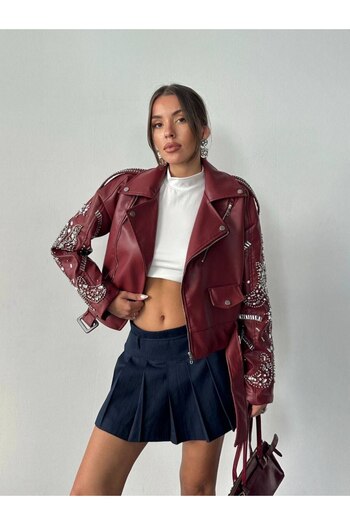 auzou eveil Women's Stone Detailed Leather Jacket