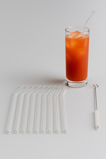 MİS KİTCHEN 10-Piece Glass Straw Set + Cleaning Brush – Oblique Mouth Transparent Borosilicate