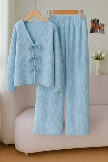 WEEST MODA Baby Blue Lace-Up Front Long-Sleeved Shirt and Pants Bottom Top Set