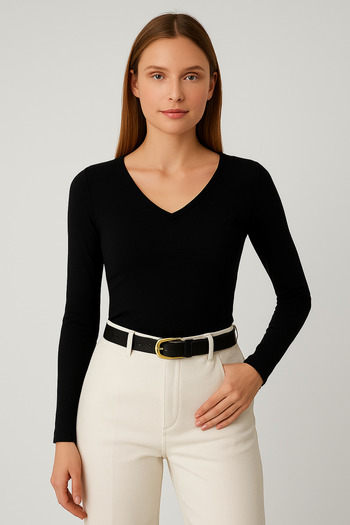 glanour Black Ribbed Blouse V-Neck Long Sleeve Bodysuit