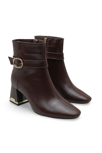 Women Lay-z Women's Heeled Boots Square Toe Leather Look Wrinkled Shiny 6.5 cm Thick Heel Gold Buckle Detail