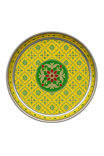 doneel Stainless Steel Indian Traditional Artwork Hand Decorated Round Pooja Thali Plate Yellow- 25cm