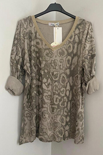 AYASOFYA OTANTIK Women's Italian Beige V-Neck Glitter Batik Patterned Loose Long Sleeve Blouse