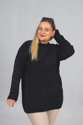 Truva XXL Timeless Elegance: Black Bearded Soft Cotton Knit Sweater