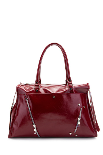 minebag Zipper Detailed Patent Leather Tim Handbag Claret Red