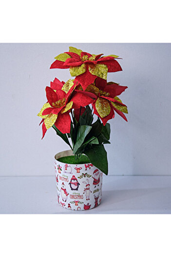 velve Floral arrangement with Handcrafted Santa Claus in a pot with penguins, Gold - Red, 30cm
