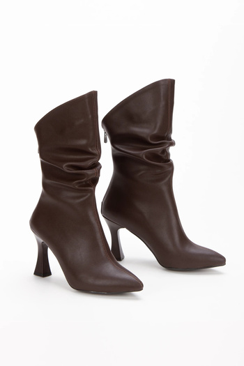 MFT AYAKKABI Women's Brown Special Design Thin Heeled Drawstring Zippered Boots