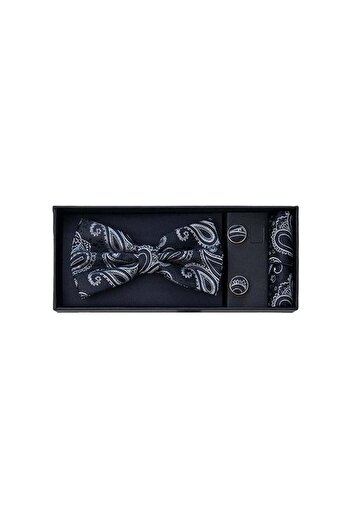 velve Mistery 3-piece set, for men, bow tie, cufflinks and fabric handkerchief, black with Printed