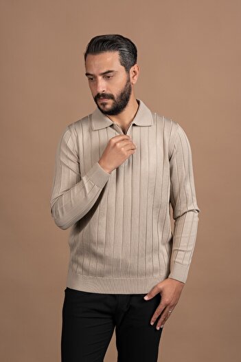 ADVANTE Zippered Polo Neck Polyamide Fabric Self-Striped Lycra Knitwear Sweater
