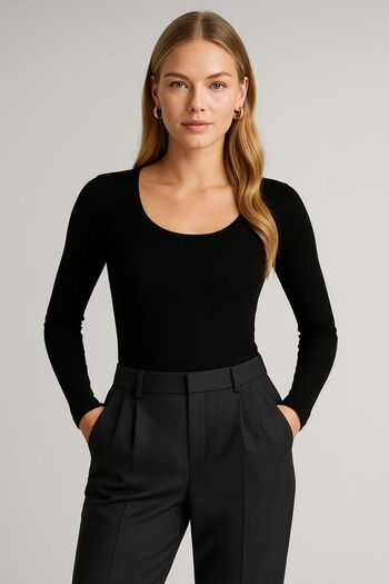 glanour Black Ribbed Blouse Pool Neck Long Sleeve Bodysuit