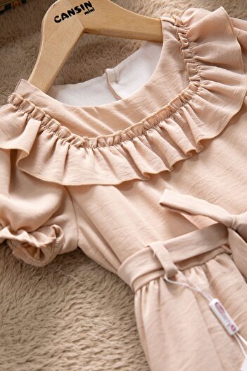 Cansın Mini Coffee Ruffle Detailed Short Sleeve Girls Pleated Dress 22672