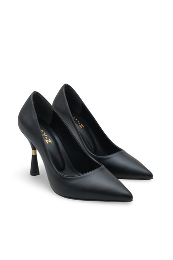Women Lay-z Women's Stiletto Pointed Toe Black Leather Gold Heel Detailed 9 cm Thin Heel Elegant Stylish Heeled Shoes