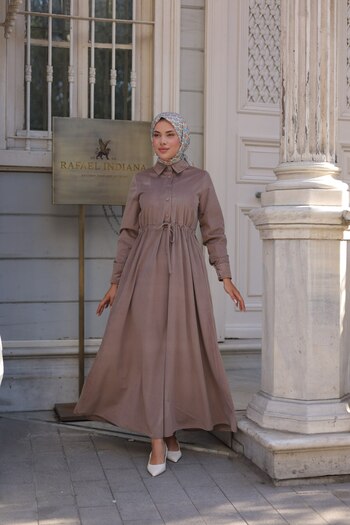 By Pommes Life Women's Half Placket Buttoned Lace-Up Corduroy Hijab Dress