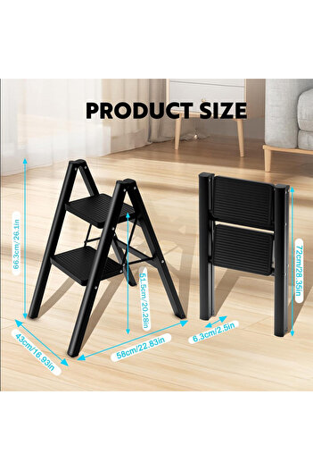 Cady One 2-Step Folding Ladder Wide Non-Slip Pedal Lightweight Heavy Duty with Rubber Base for Stability