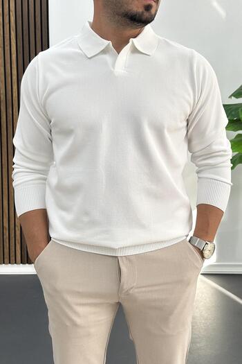 Edwox Men's Open Collar Plain Pattern Regular Fit Sweater White Edw423