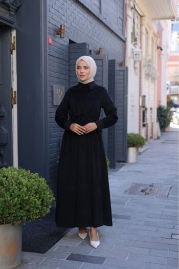 By Pommes Life Women's Half Placket Buttoned Lace-Up Corduroy Hijab Dress