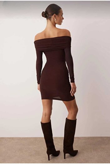 morche Women's Open Shoulders Open Shoulders Long Sleeves Body-Hugging Carmen Collar Mini Gathered Dress