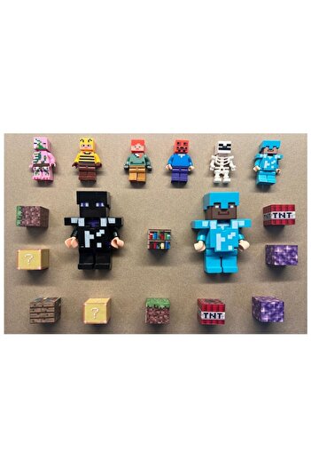 OEM Set 8 Minecraft figurines with 10 magnetic blocks and accessories, multicolor
