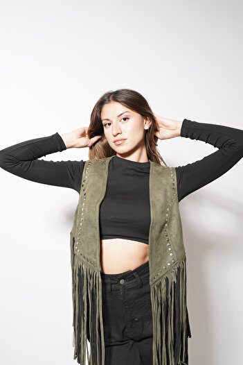 Pafi Moda Kamli Long Tassel Vest Khaki