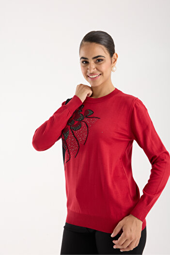 Moda Days Women's Red Elite Viscose Fabric Stone Detailed Crew Neck Knitwear Blouse