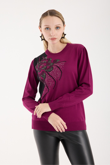 Moda Days Women's Plum Elite Viscose Fabric Stone Detailed Crew Neck Knitwear Blouse