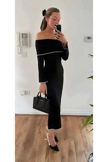 charango Women's Off-Shoulder Carmen Collar Stylish Dress with Decorative Seams