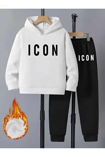 buendiakids Girl/Boy's White-Black Icon Printed Hooded Sweatpants Set